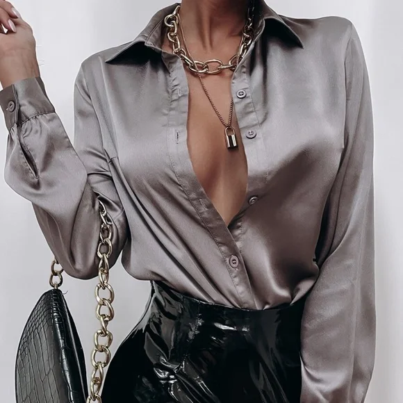 BellanBlue Satin Button Down Shirt - Bronze - Picture 11 of 12